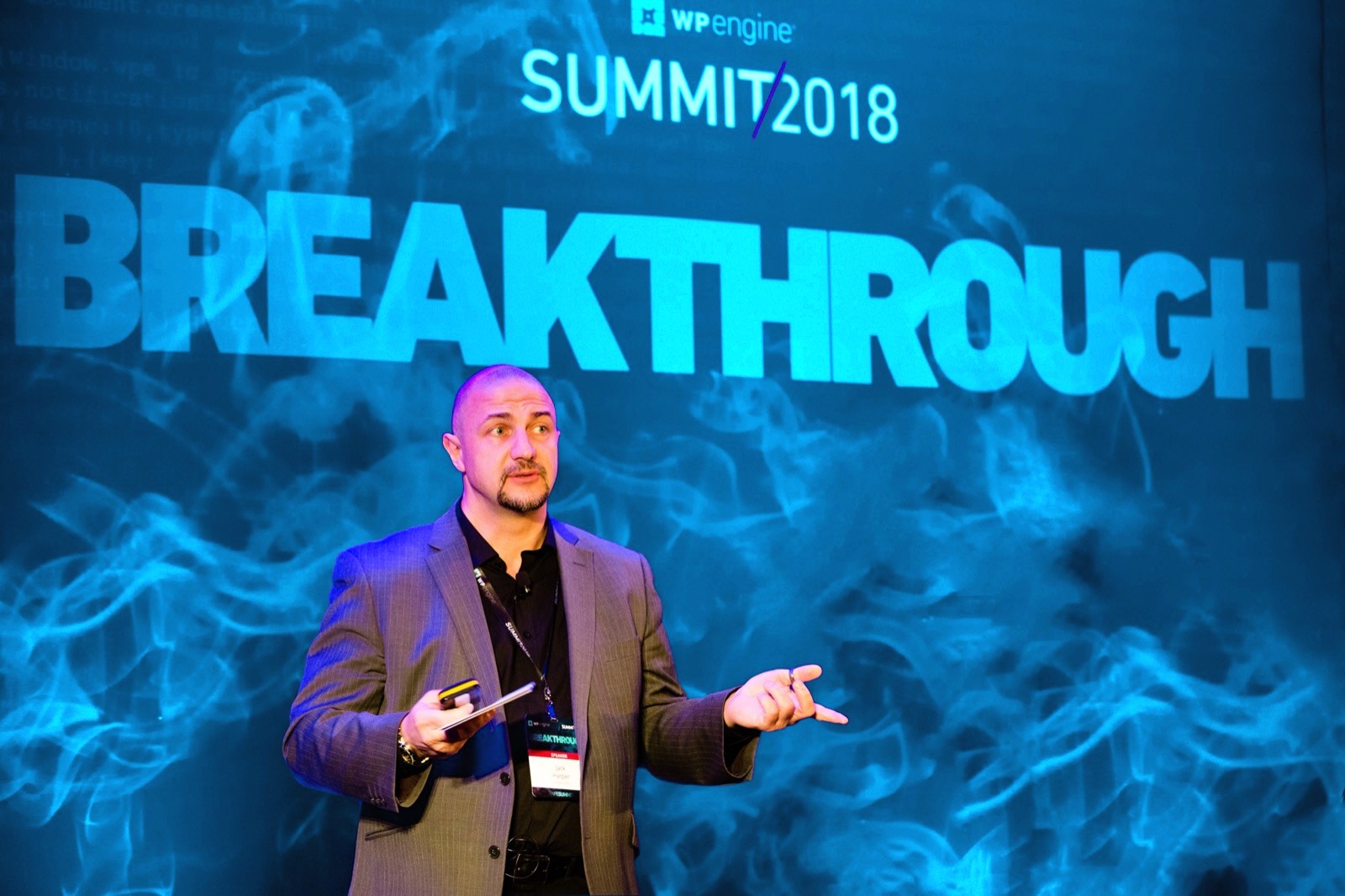 Jack Harper speaking on stage at WP Engine Summit 2018